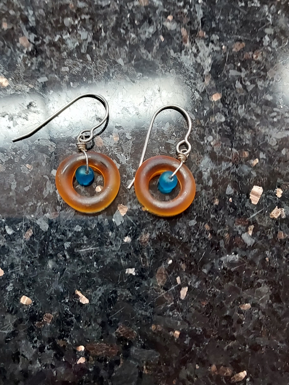 Handmade Amber Glass Hoop Drop Earrings with Teal Accent